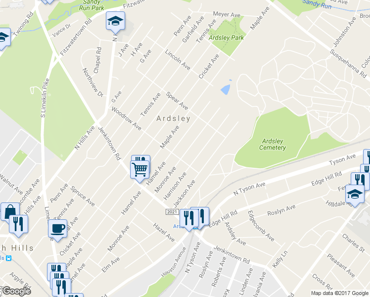 map of restaurants, bars, coffee shops, grocery stores, and more near 718 Monroe Avenue in Glenside