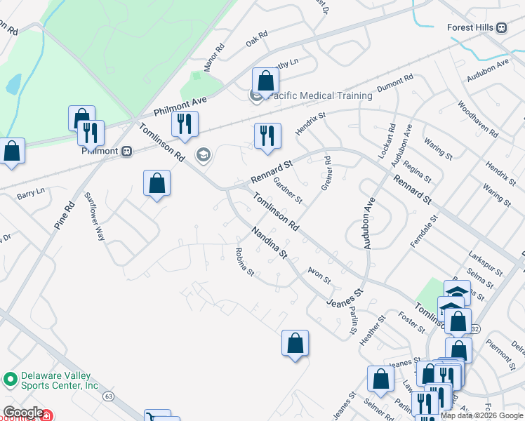 map of restaurants, bars, coffee shops, grocery stores, and more near 10923 Nandina Court in Philadelphia