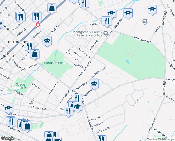 map of restaurants, bars, coffee shops, grocery stores, and more near 1600 New Hope Street in Norristown