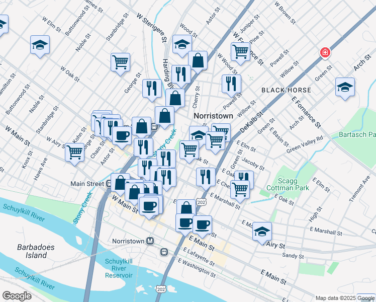 map of restaurants, bars, coffee shops, grocery stores, and more near 801 Swede Street in Norristown