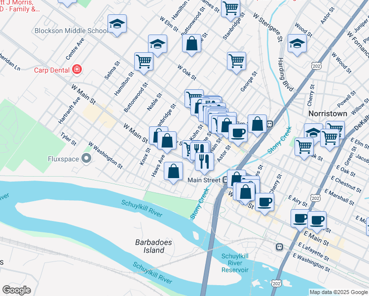 map of restaurants, bars, coffee shops, grocery stores, and more near 620 West Airy Street in Norristown