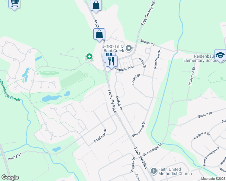 map of restaurants, bars, coffee shops, grocery stores, and more near 1025 Suffolk Drive in Lititz