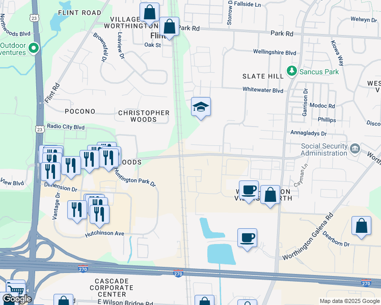 map of restaurants, bars, coffee shops, grocery stores, and more near 467 Alta View Village Court in Worthington