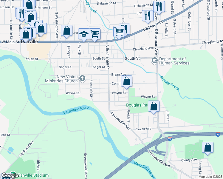 map of restaurants, bars, coffee shops, grocery stores, and more near 733 Wayne Street in Danville