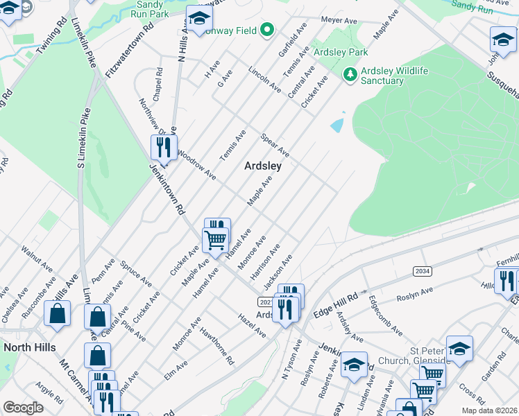 map of restaurants, bars, coffee shops, grocery stores, and more near 675 Maple Avenue in Glenside