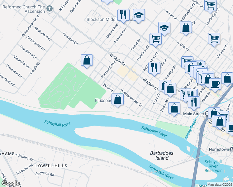 map of restaurants, bars, coffee shops, grocery stores, and more near 102 Hamilton Street in Norristown