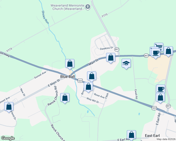 map of restaurants, bars, coffee shops, grocery stores, and more near 15 Granite Drive in East Earl
