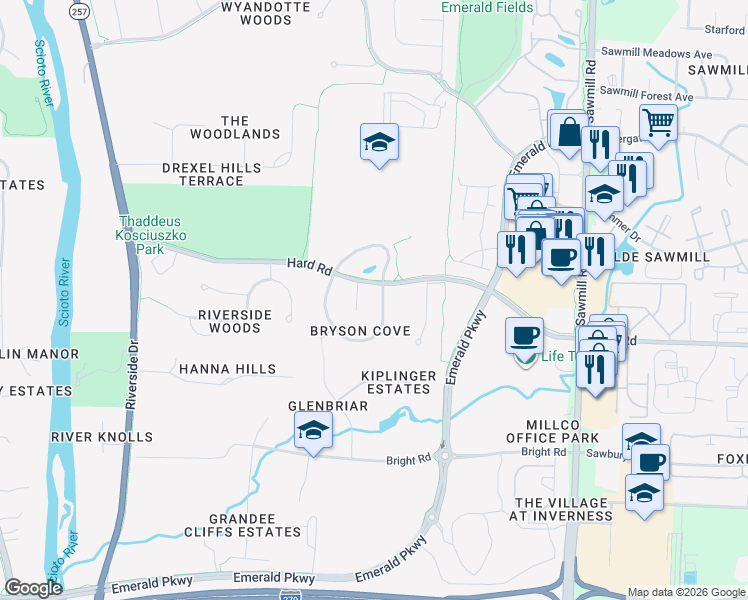 map of restaurants, bars, coffee shops, grocery stores, and more near 4110 Bryson Cove Circle in Dublin