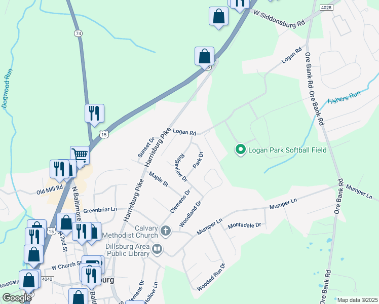 map of restaurants, bars, coffee shops, grocery stores, and more near 520 Ridgeview Drive in Dillsburg