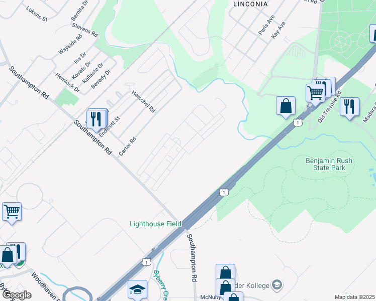 map of restaurants, bars, coffee shops, grocery stores, and more near 15069 Sunflower Drive in Philadelphia