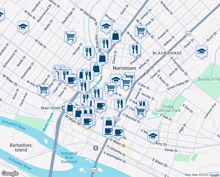 map of restaurants, bars, coffee shops, grocery stores, and more near 801 Swede Street in Norristown