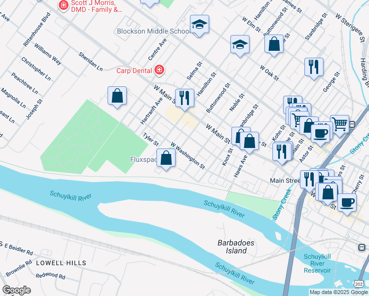 map of restaurants, bars, coffee shops, grocery stores, and more near 206 Buttonwood Street in Norristown