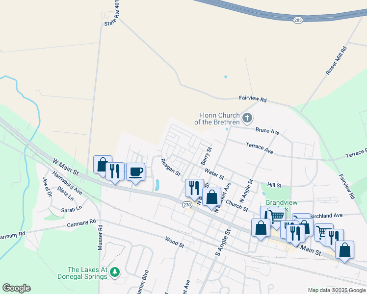 map of restaurants, bars, coffee shops, grocery stores, and more near 1132 Ashworth Street in Mount Joy