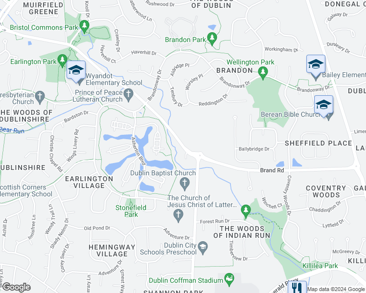 map of restaurants, bars, coffee shops, grocery stores, and more near 5381 Brand Rd in Dublin