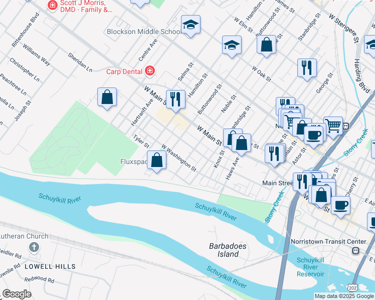 map of restaurants, bars, coffee shops, grocery stores, and more near 131 Noble Street in Norristown
