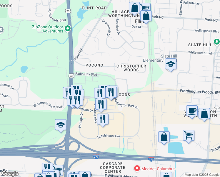 map of restaurants, bars, coffee shops, grocery stores, and more near 200 East Campus View Boulevard in Columbus