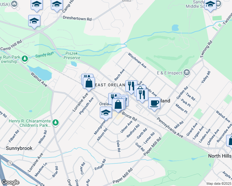 map of restaurants, bars, coffee shops, grocery stores, and more near 18 Bridge Street in Oreland