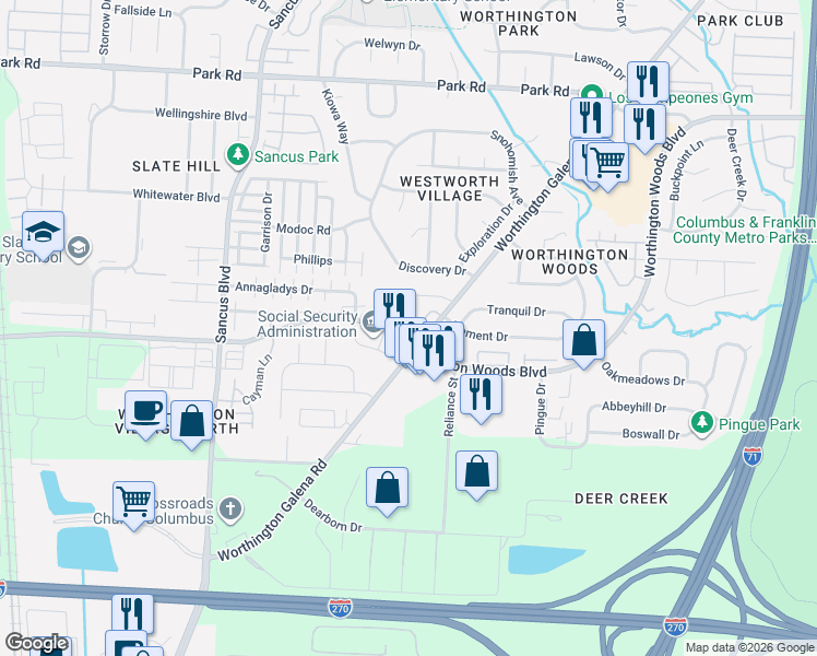 map of restaurants, bars, coffee shops, grocery stores, and more near 1080 Worthington Woods Boulevard in Columbus