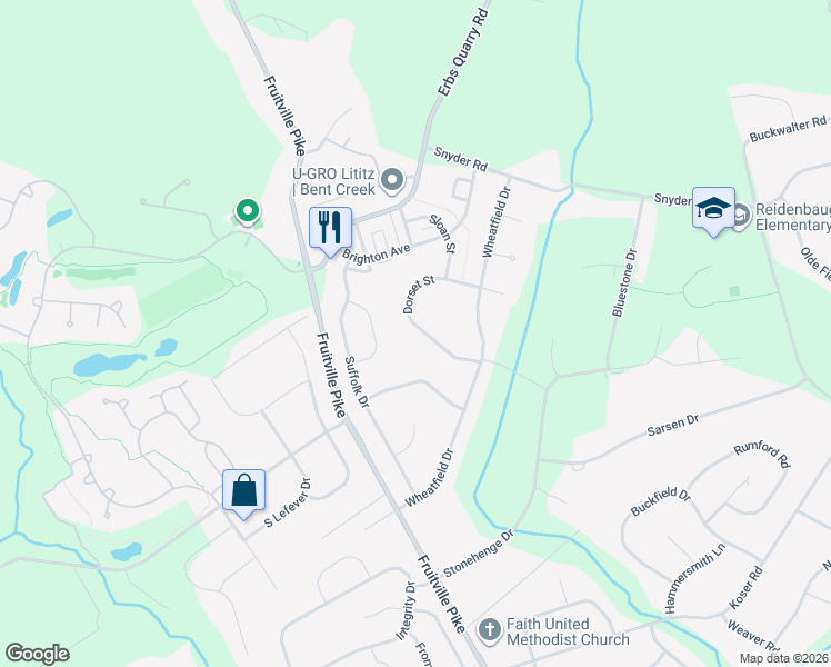map of restaurants, bars, coffee shops, grocery stores, and more near 653 Dorset Street in Lititz