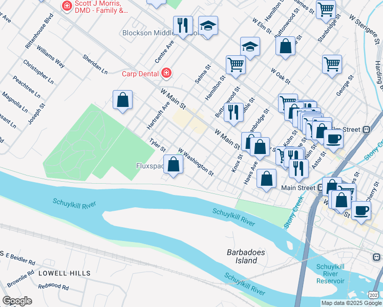 map of restaurants, bars, coffee shops, grocery stores, and more near 206 Buttonwood Street in Norristown