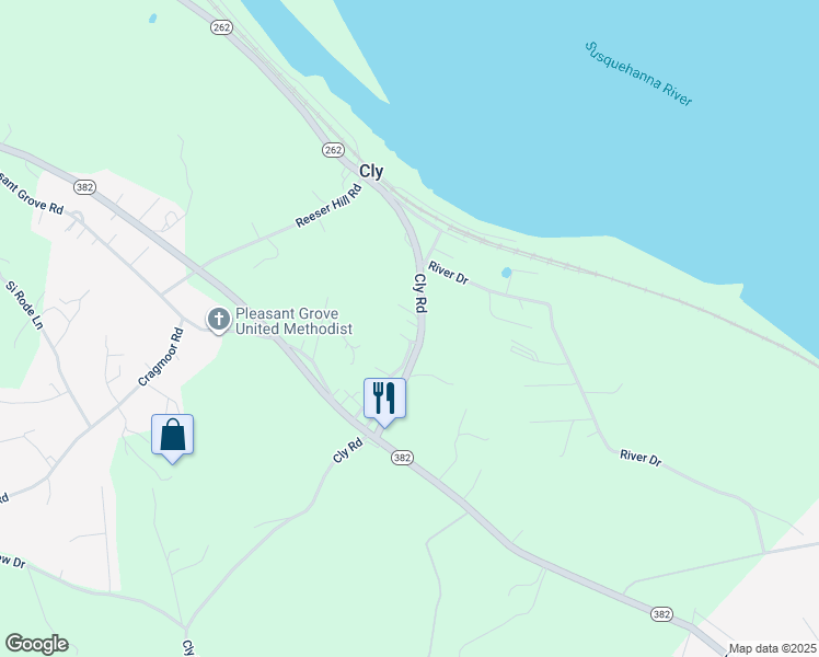 map of restaurants, bars, coffee shops, grocery stores, and more near 1345 Cly Road in York Haven