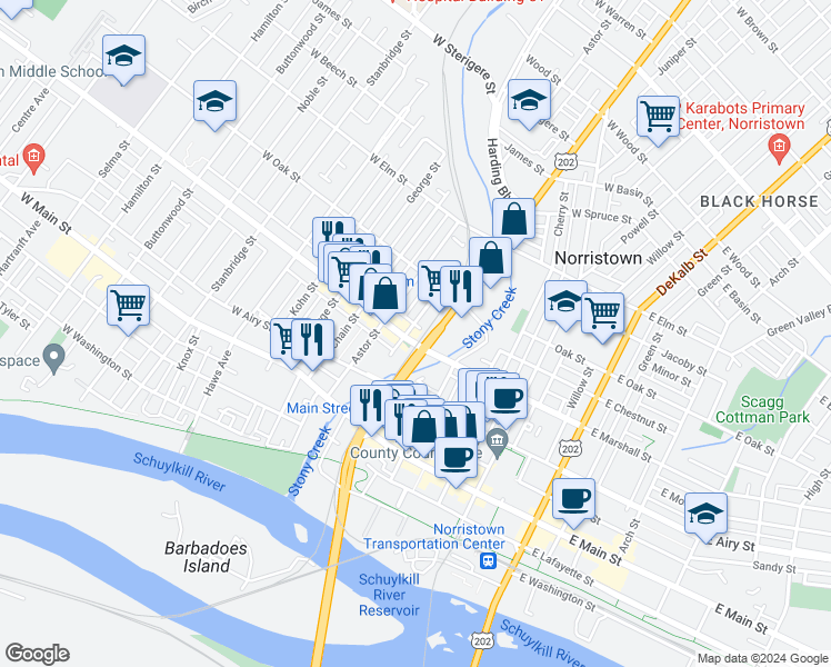 map of restaurants, bars, coffee shops, grocery stores, and more near 311 West Marshall Street in Norristown