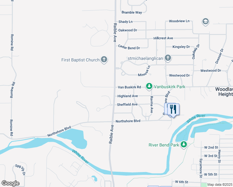 map of restaurants, bars, coffee shops, grocery stores, and more near 2432 Highland Avenue in Anderson