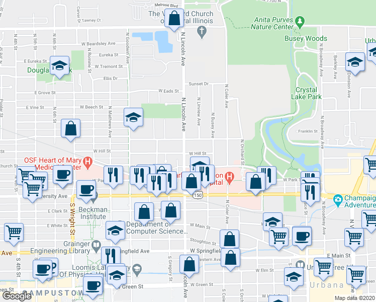 map of restaurants, bars, coffee shops, grocery stores, and more near 822 West Hill Street in Urbana