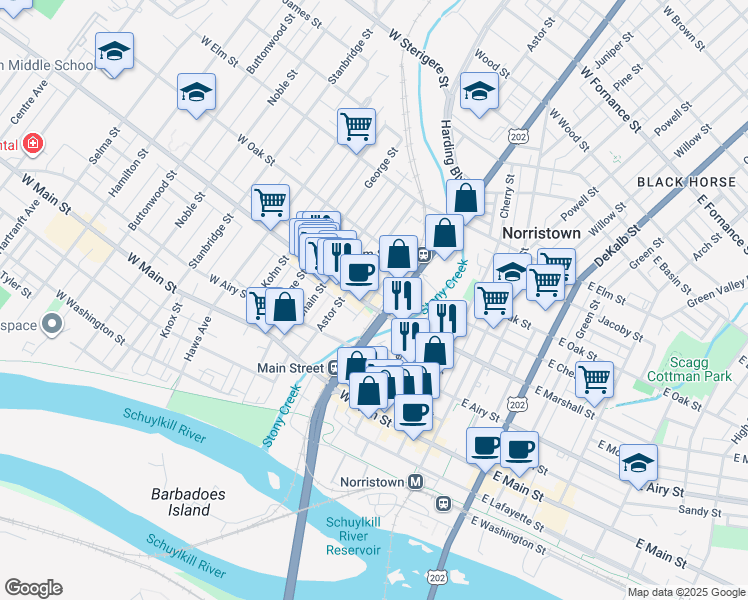 map of restaurants, bars, coffee shops, grocery stores, and more near 600 Markley Street in Norristown