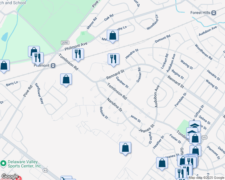 map of restaurants, bars, coffee shops, grocery stores, and more near 10924 Lockart Road in Philadelphia