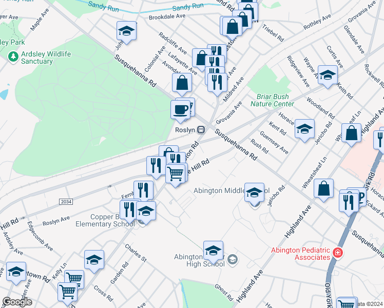 map of restaurants, bars, coffee shops, grocery stores, and more near 1051 Easton Road in Abington