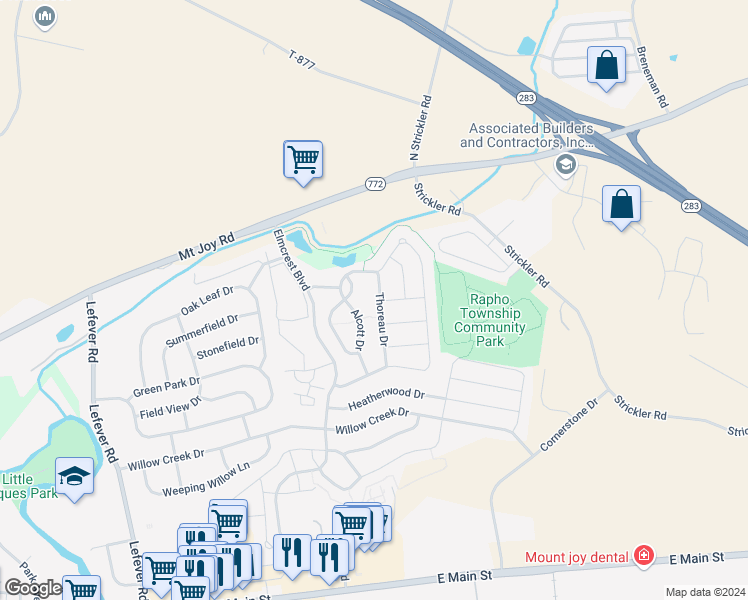 map of restaurants, bars, coffee shops, grocery stores, and more near 684 Thoreau Drive in Mount Joy
