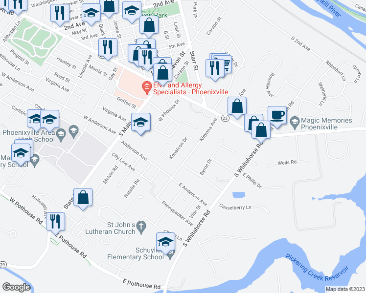 map of restaurants, bars, coffee shops, grocery stores, and more near 7 Kenalcon Drive in Phoenixville