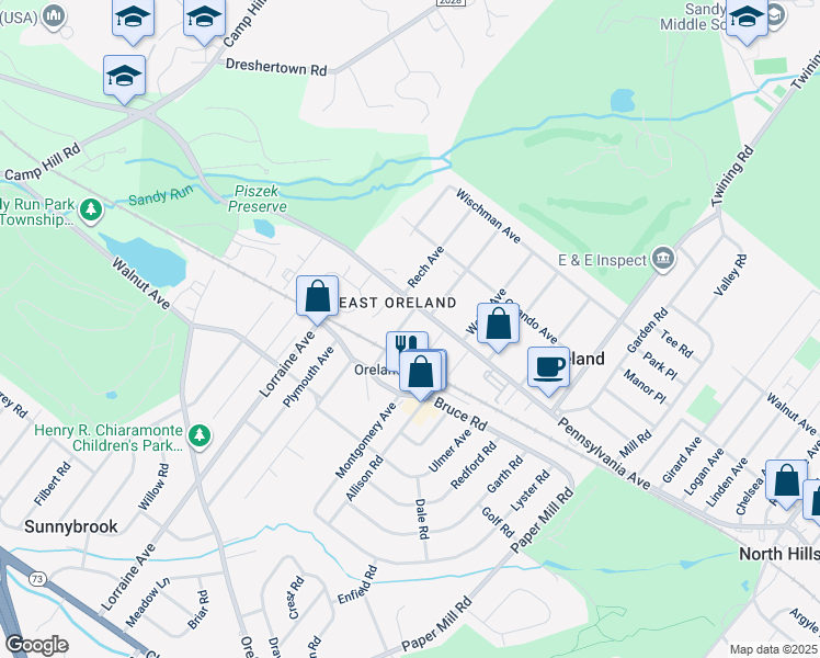 map of restaurants, bars, coffee shops, grocery stores, and more near 18 Bridge Street in Oreland