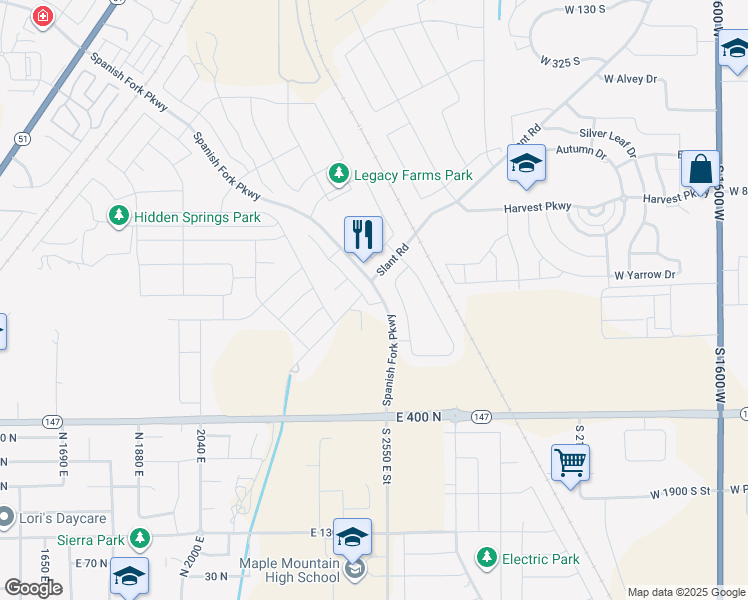map of restaurants, bars, coffee shops, grocery stores, and more near 738 North Plainsman Drive in Mapleton