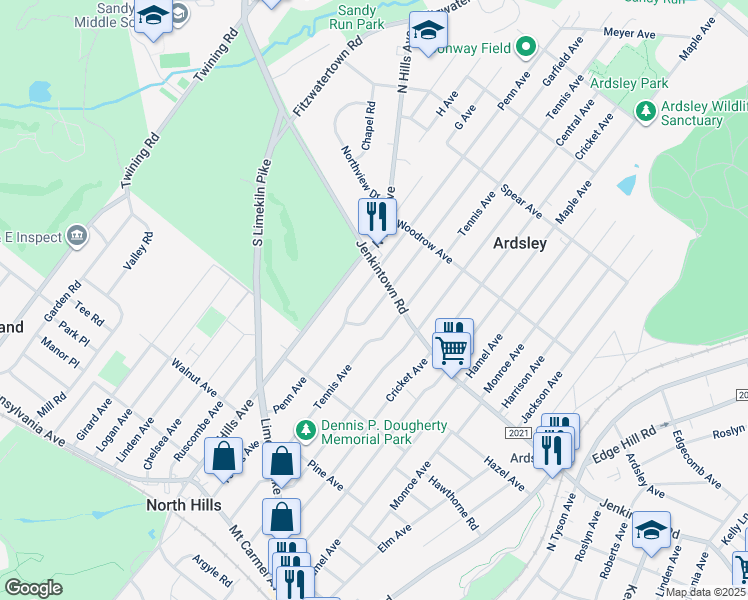 map of restaurants, bars, coffee shops, grocery stores, and more near 530 Garfield Avenue in Glenside