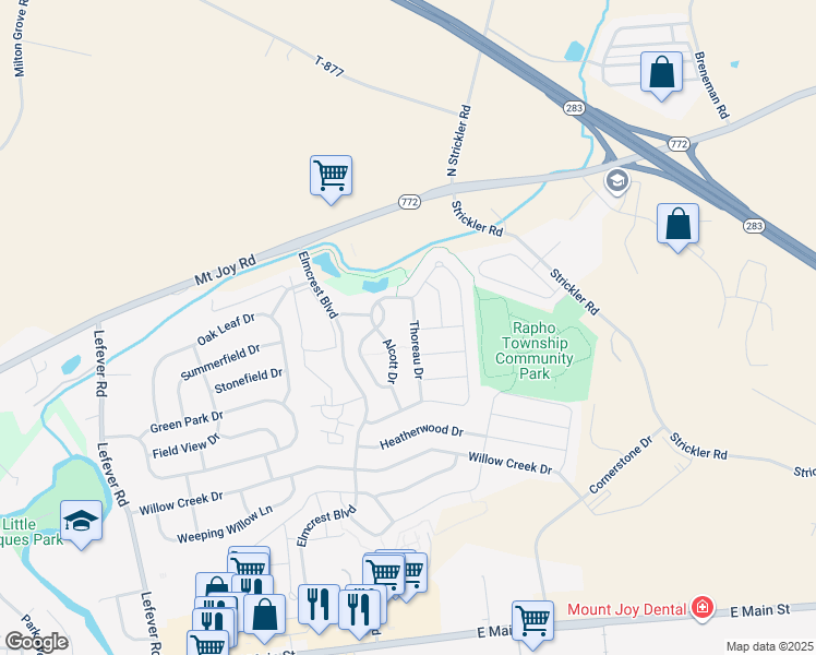 map of restaurants, bars, coffee shops, grocery stores, and more near 684 Thoreau Drive in Mount Joy