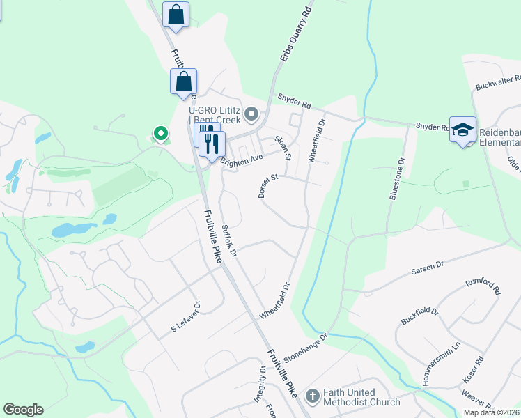 map of restaurants, bars, coffee shops, grocery stores, and more near 653 Dorset Street in Lititz