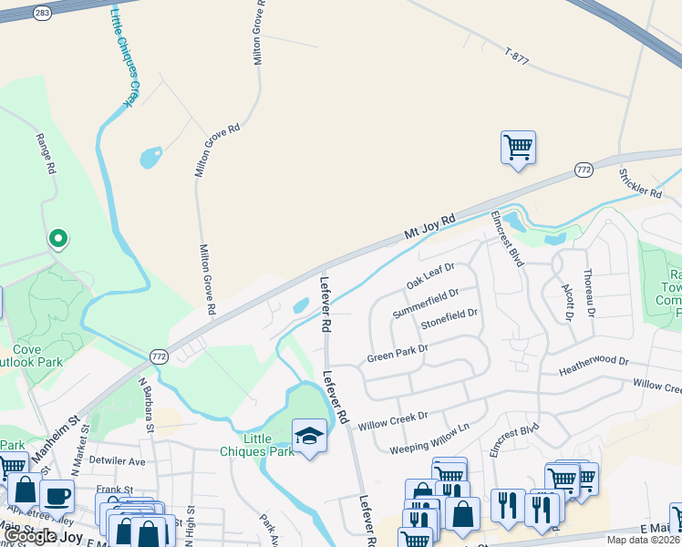 map of restaurants, bars, coffee shops, grocery stores, and more near 3465 Mount Joy Road in Mount Joy