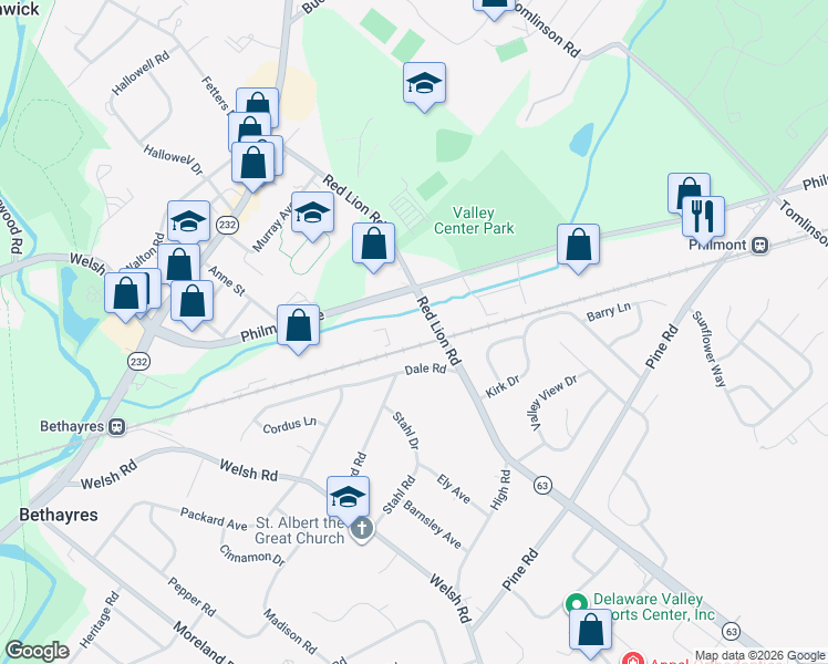map of restaurants, bars, coffee shops, grocery stores, and more near 360 Red Lion Road in Montgomery County