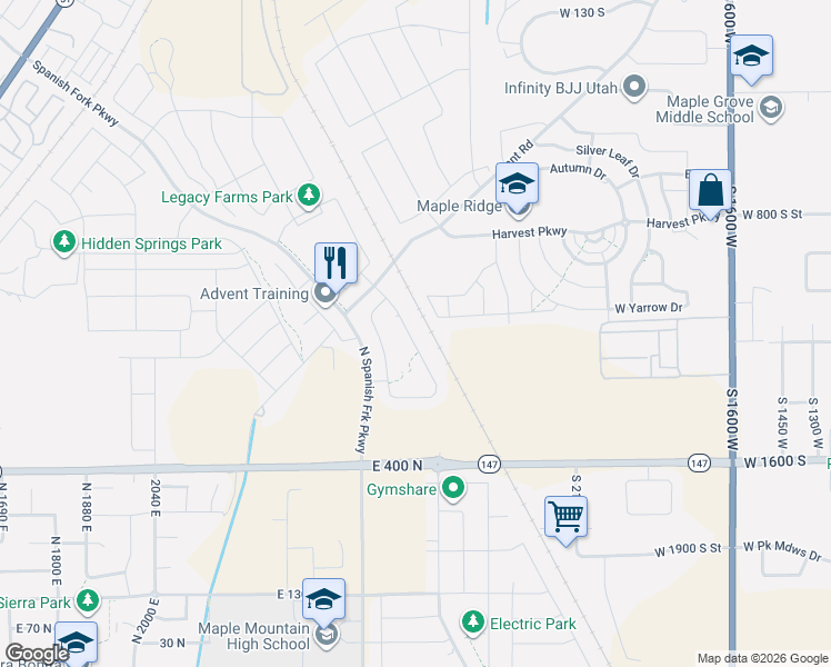 map of restaurants, bars, coffee shops, grocery stores, and more near 698 North 2560 East in Spanish Fork