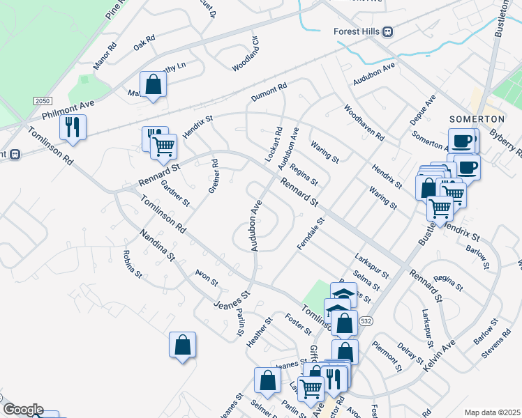 map of restaurants, bars, coffee shops, grocery stores, and more near 402 Selma Street in Philadelphia
