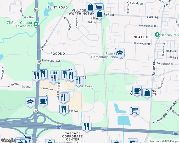 map of restaurants, bars, coffee shops, grocery stores, and more near 245 East Campus View Boulevard in Columbus