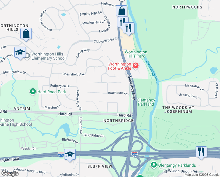 map of restaurants, bars, coffee shops, grocery stores, and more near 800 Gatehouse Lane in Columbus
