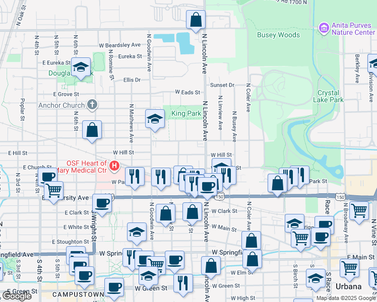 map of restaurants, bars, coffee shops, grocery stores, and more near 911 West Hill Street in Urbana