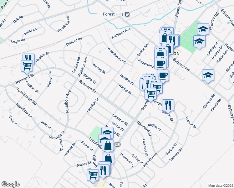 map of restaurants, bars, coffee shops, grocery stores, and more near 11612 Heather St in Philadelphia