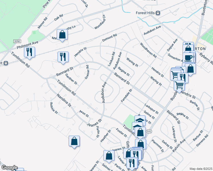 map of restaurants, bars, coffee shops, grocery stores, and more near 402 Selma Street in Philadelphia