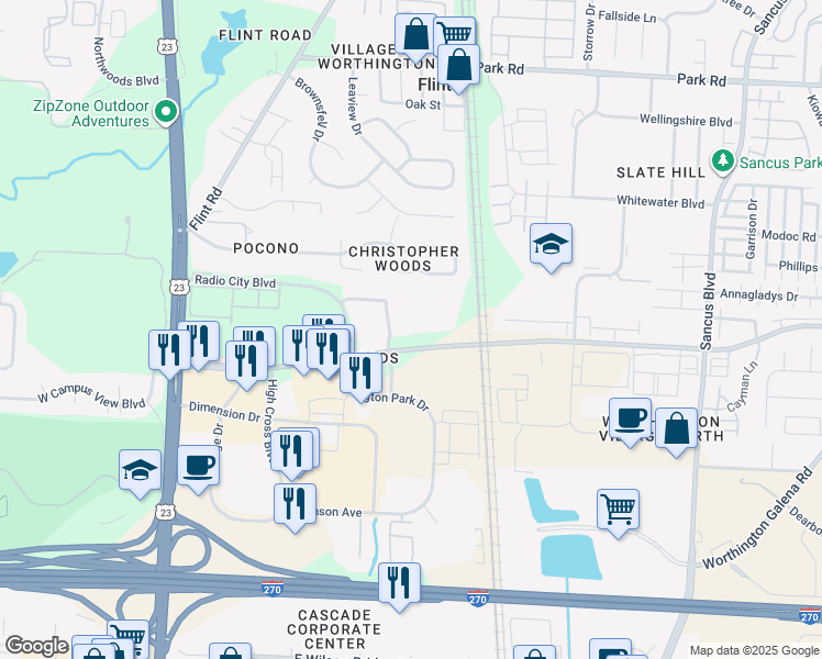 map of restaurants, bars, coffee shops, grocery stores, and more near 245 East Campus View Boulevard in Columbus