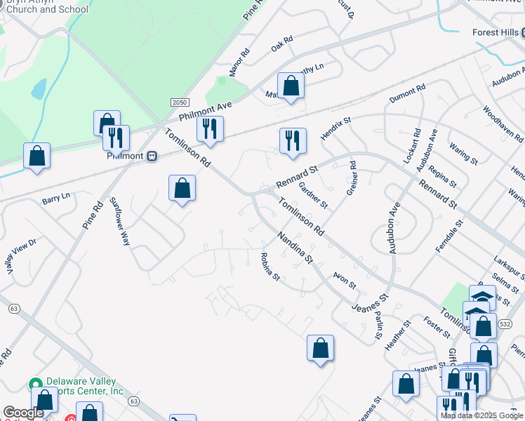 map of restaurants, bars, coffee shops, grocery stores, and more near 10844 Nandina Way in Philadelphia