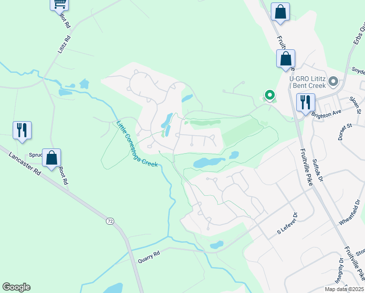 map of restaurants, bars, coffee shops, grocery stores, and more near 750 Bent Creek Drive in Lititz